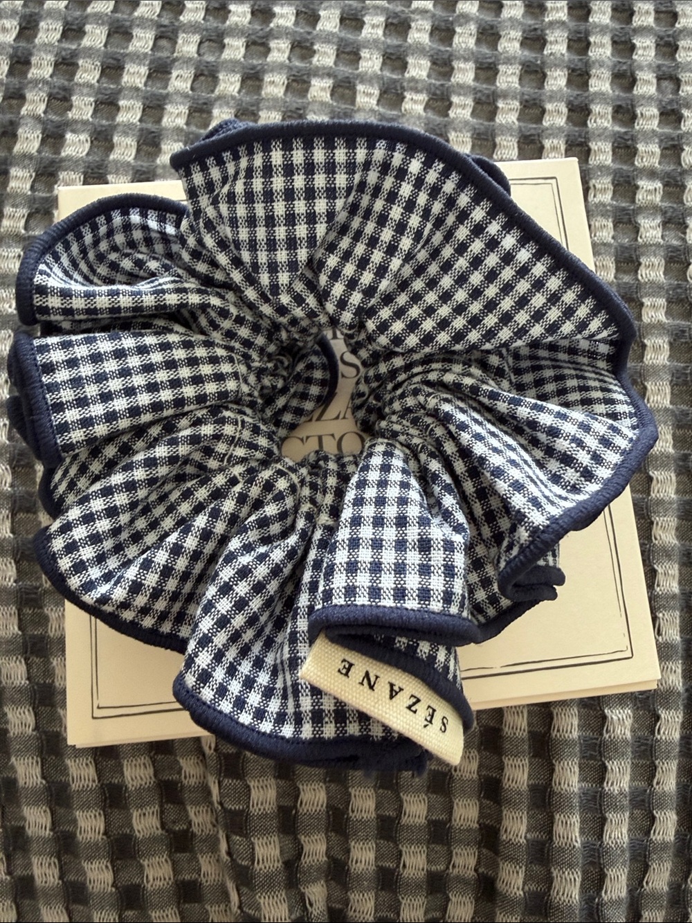 Sezane Navy and White Gingham Scrunchie with Trim